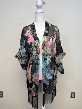 Mix it Black Pink Floral Sheer Kimono with Fringe One Size